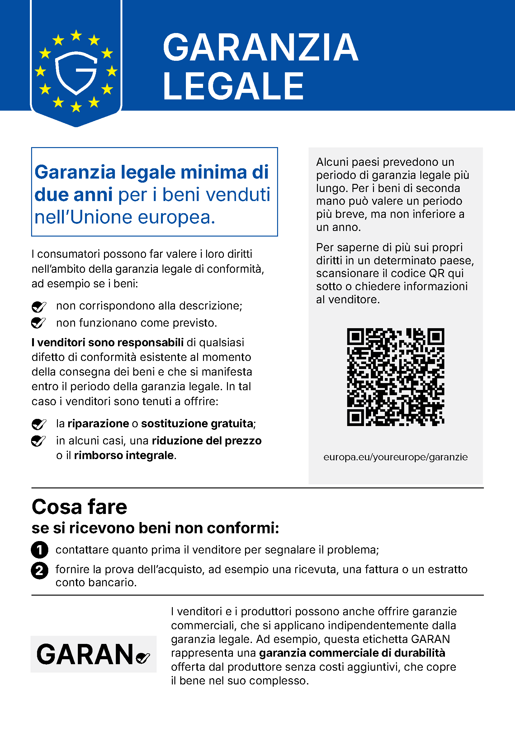 Avviso armonizzato europeo sulla garanzia legale di conformità: garanzia legale minima di due anni per i beni venduti nell'Unione europea